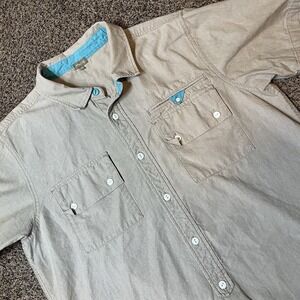 LRG Lifted Research Group Mens 2XL Safari Button Up Work Shirt Beige Short Sleev
